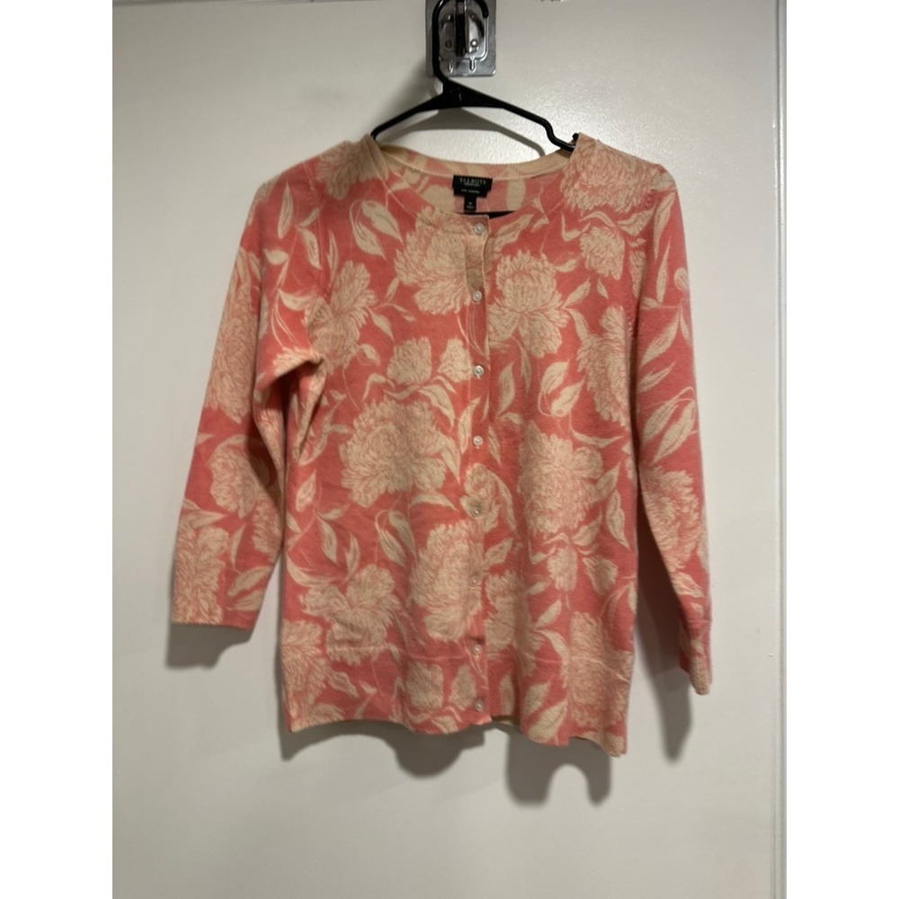 Talbots Cottagecore Floral Cashmere Cardigan Sz:M Coral Pink Button Up Sweater